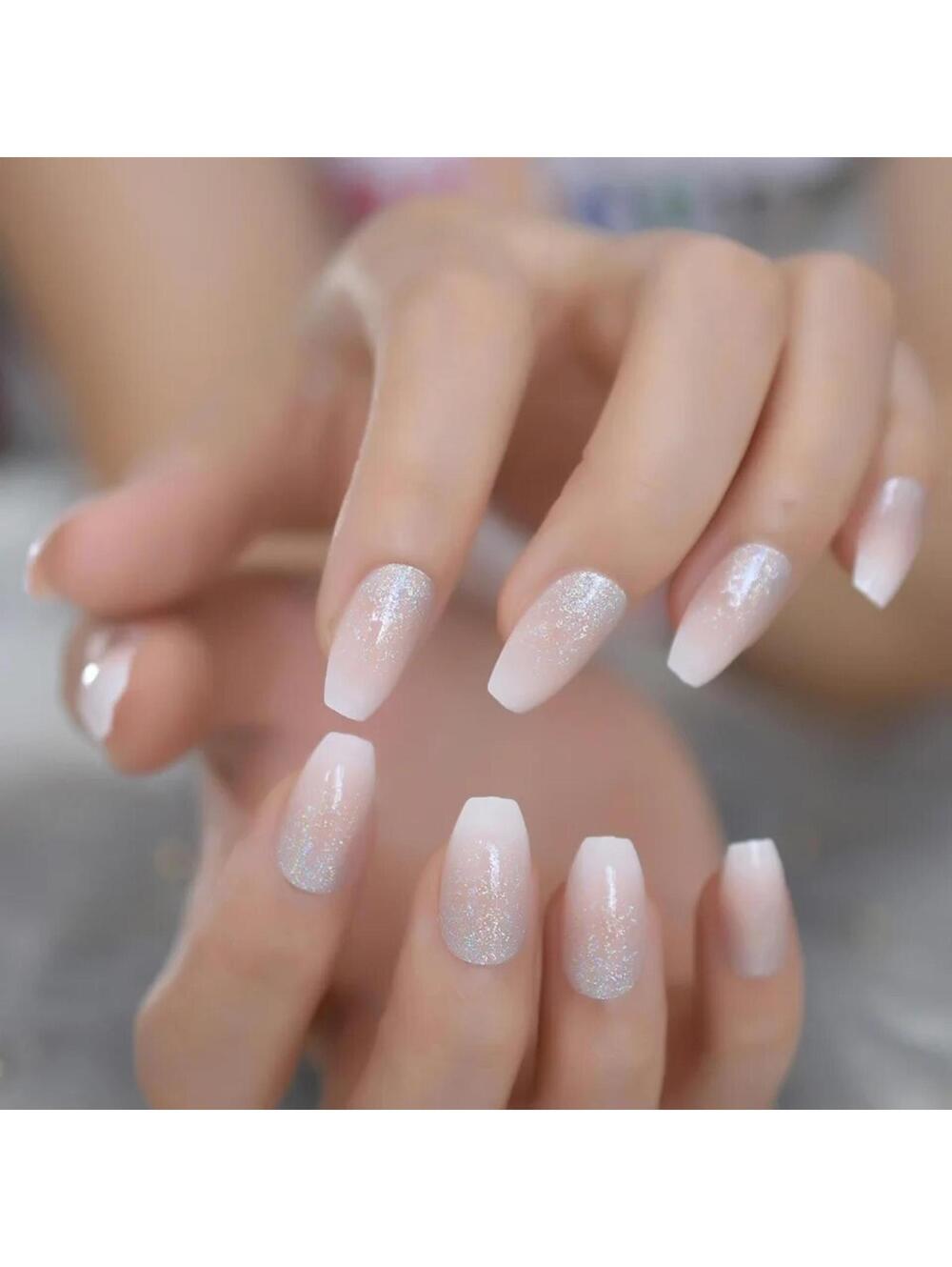 24 French Ombre Glitter Press on nails kit w glue nude white